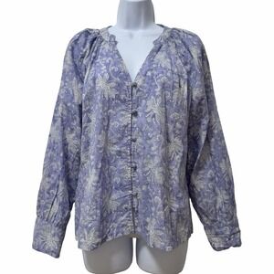 Natura Womens Floral Block Print Button Up Blouse Top Size M Blue Flowy Feminine